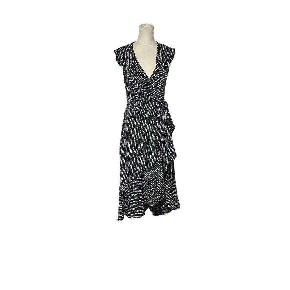 Max Studio Dotted Print Hi Low Wrap Dress Ruffles Short Sleeves Work Boho Chic M